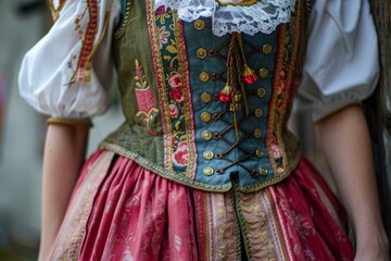 Woman wearing elaborate traditional bavarian dress with intricate embroidery is posing outdoors