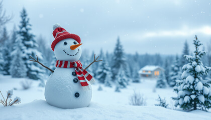 Obraz premium A festive snowman, adorned with a hat and scarf, stands cheerfully amidst a snowy winter forest