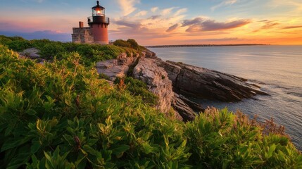Lighthouse on a Rocky Coastline at Sunset