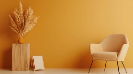 Situation Therapy Concept. A cozy interior featuring a textured chair, a wooden pedestal with a vase, and decorative foliage against a warm yellow backdrop.
