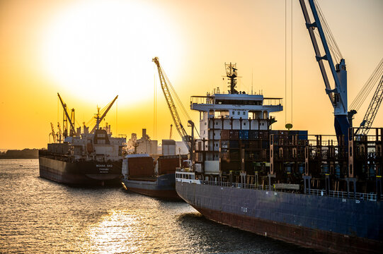 Bizerte, Tunisia - November 03, 2024: Loading containers onto a ship at the port of Bizerte.