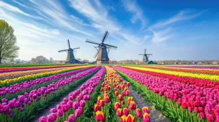 Dutch Windmills Amidst a Rainbow of Tulips