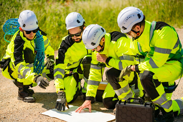Fototapeta premium Four young male wind farm engineers work inspecting field systems.Wind turbine engineer inspection and wind turbine inspection progress at construction site.