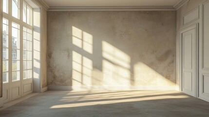 Empty room with smooth walls and ceiling after putty work in a newly constructed house