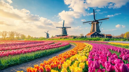 Dutch Windmills and a Field of Colorful Tulips