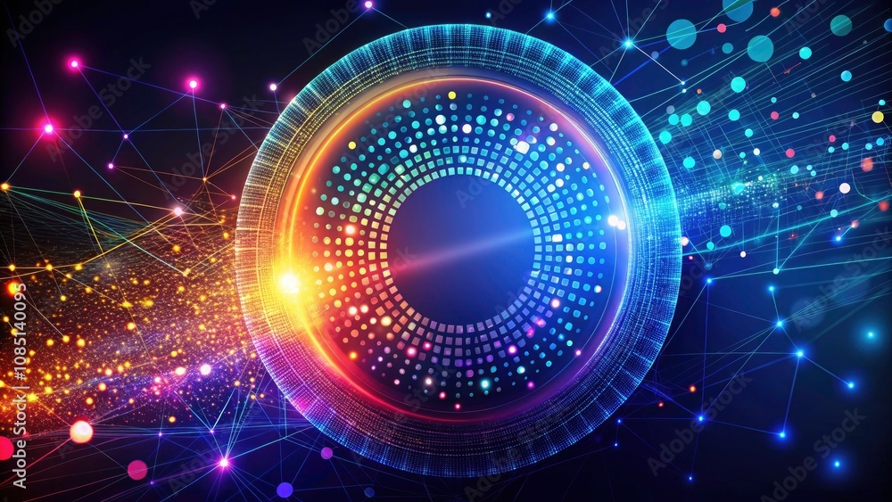 Poster vibrant green and blue circle with dots and lines, abstract design for technology and science concep