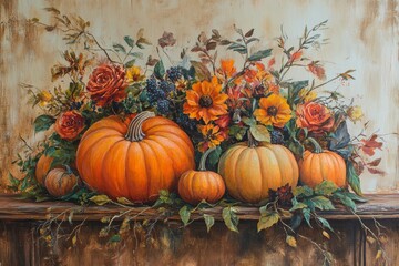 Autumn Floral Arrangement with Pumpkins - Vibrant autumn still life featuring pumpkins, roses, sunflowers, and fall foliage. Symbolizing harvest, abundance, warmth, and Thanksgiving.