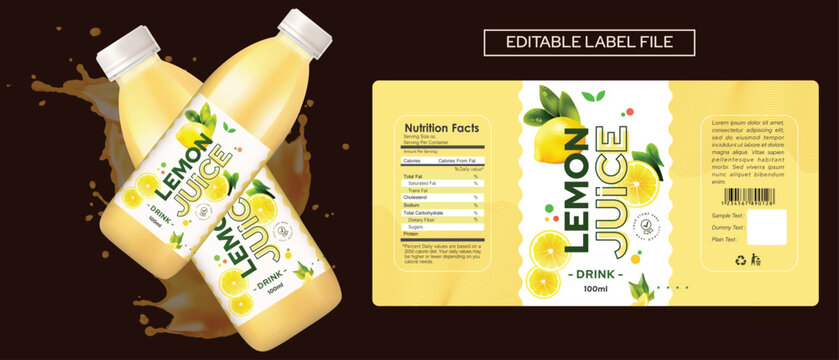 Lemon juice drink label design, lemon juice soft drink label design. bottle vector Energy drink label design. Fruit juice label bottle mockup template design