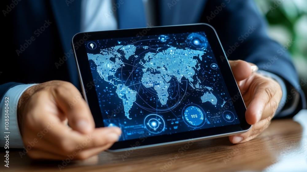 Poster engaging global data analytics business meeting tablet interface modern office close-up view digital