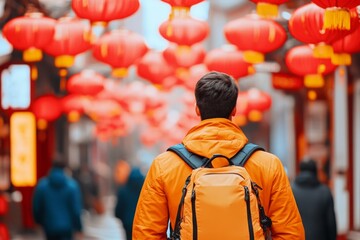 Obraz premium Solo traveler exploring a vibrant Asian street filled with red lanterns and bustling shops in dynamic lighting