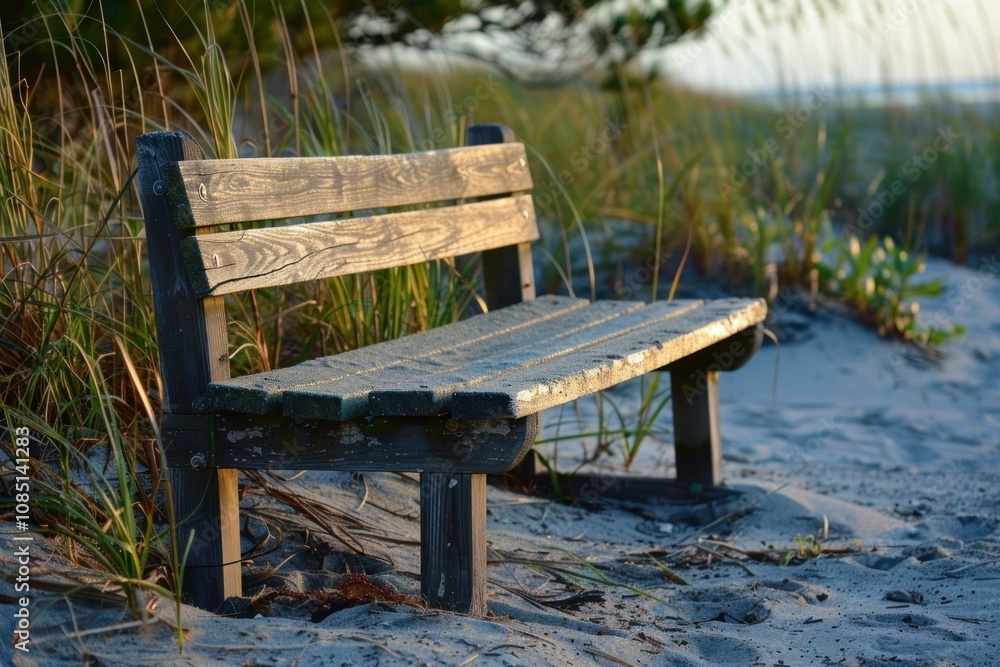 Poster empty bench is resting on a sandy beach with tall grass swaying in the background