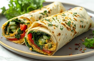 Vegetable wrap filled with hummus, cucumber and roasted red peppers on a plate.