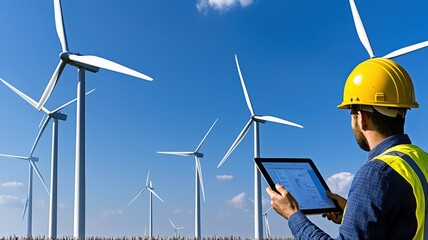 A person in a hard hat uses a tablet to survey wind turbines against a clear blue sky, emphasizing renewable energy and technology.