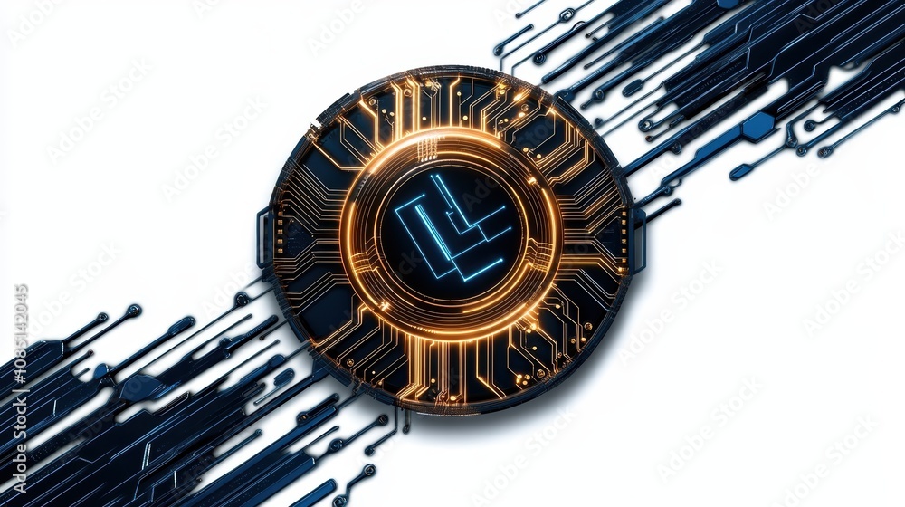 Poster a digital coin design featuring intricate circuitry and glowing elements, symbolizing advanced techn