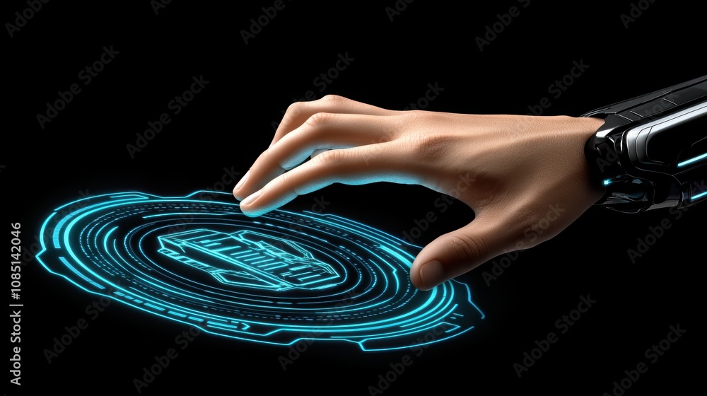 Poster a robotic hand reaches out to interact with a glowing, digital interface, showcasing advanced techno