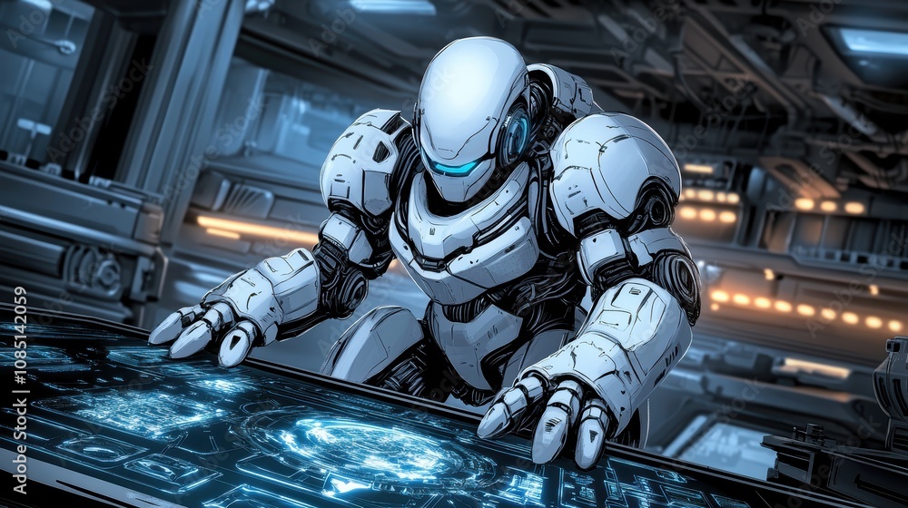 Poster a futuristic robot in a sleek, high-tech environment interacts with a holographic interface, showcas