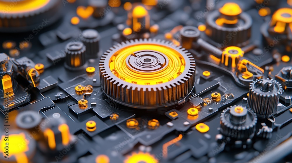 Poster a close-up view of intricate mechanical gears and circuits, showcasing a blend of metallic textures 