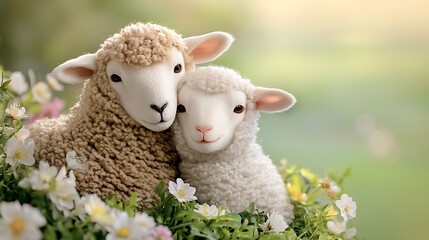 The Sheep and Lamb Springtime Snuggle captures the essence of warmth and companionship as the fluffy duo nestle together in a lush green field