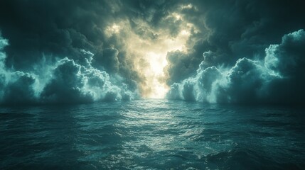 Fototapeta premium Dramatic ocean scene with dark clouds and light breaking through.