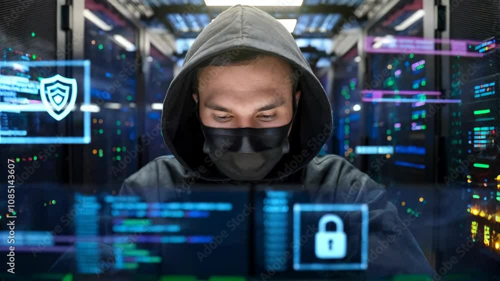 Poster a person in a hoodie and mask working on a computer in a server room with digital interfaces.