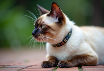 A Siamese cat with green eyes and a blue collar sits on a brick patio