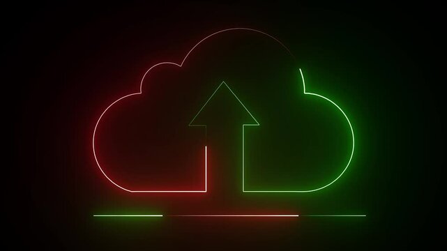 Glowing neon line Cloud file upload with loading bar icon animation on black background. Data storage icon concept.