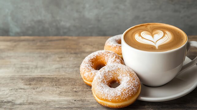 A cozy scene featuring a cup of latte art beside powdered donuts, set on a rustic wooden table, perfect for coffee lovers.