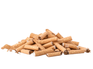 A collection of scattered cigarette butts on a white background showcasing waste and pollution concerns in urban settings