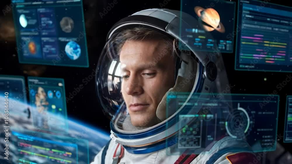 Poster an astronaut in space with digital data displays and earth visible below.