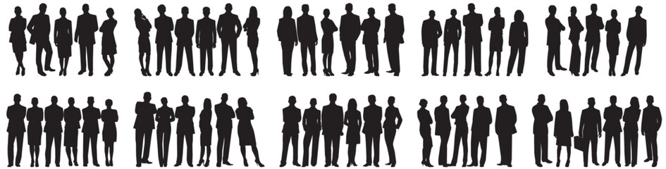 set of business team. businessman and businesswoman standing, talking and walking on isolated white background. Different group of business team. 