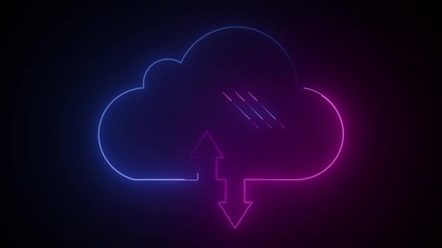 Glowing neon line Cloud file upload with loading bar icon animation on black background. Data storage icon concept.
