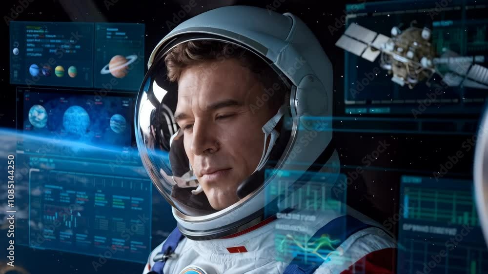 Poster an astronaut in a helmet gazes at space data displays while orbiting earth.