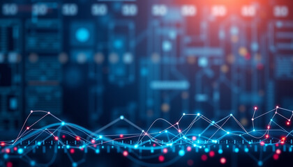 Obraz premium Glowing digital waves illuminate the futuristic tech space, symbolizing rapid data transfer and network connectivity