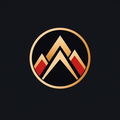 Abstract logo design with three mountains in a gold circle.