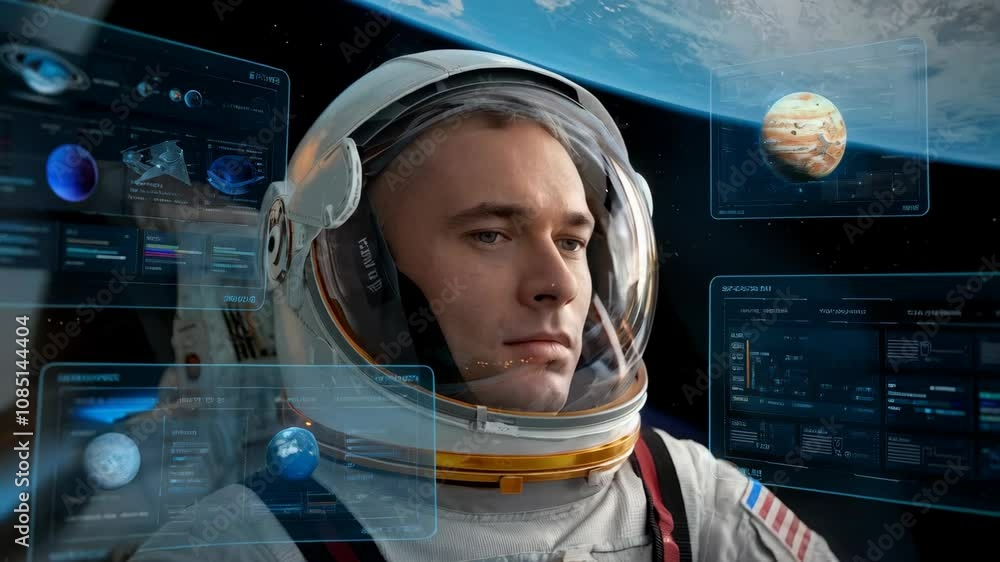 Poster an astronaut gazes into space with digital data displays of planets and celestial bodies.
