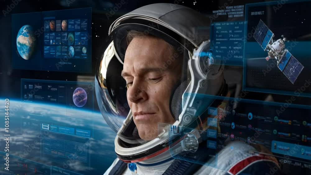 Poster an astronaut in a futuristic setting, analyzing data about earth and space.