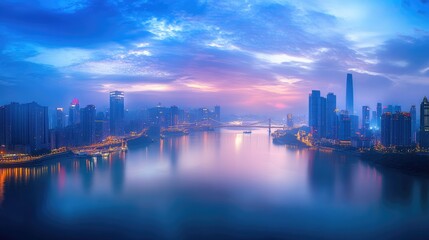 Fototapeta premium Cityscape at Twilight with a Bridge over Water