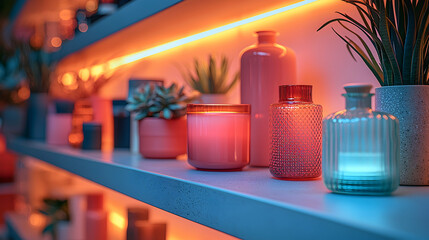 Fototapeta premium Shelf with Glass Bottles and Candles, Modern Interior Design Illustration