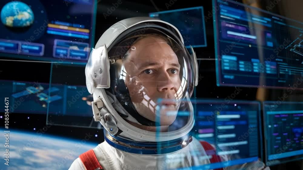 Poster an astronaut in a futuristic setting explores a pizza menu with digital displays.