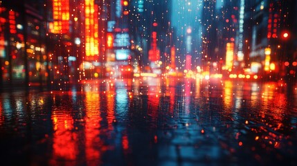 Rain-slicked city street at night, vibrant reflections.