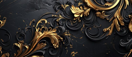 Baroque-inspired black and gold ornament with swirling flourishes and intricate details 