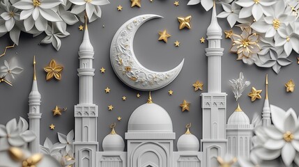 3D coloring depicting the moon, stars and a mosque on a dark gray background with gold motifs and floral decoration. Intricate details.