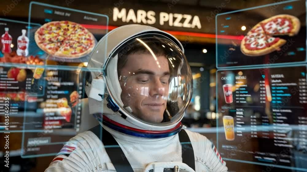 Poster an astronaut in a futuristic setting, exploring a digital menu for pizza options.