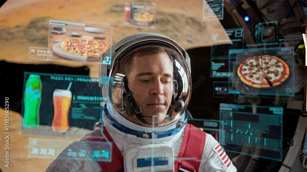 Poster an astronaut explores food options on a digital interface while in a spacecraft.