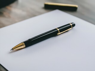 Elegant Black Ballpoint Pen Writing Crisp White Paper Office Desk Product Minimalist Aesthetic Close-Up Focus for Professional Appeal