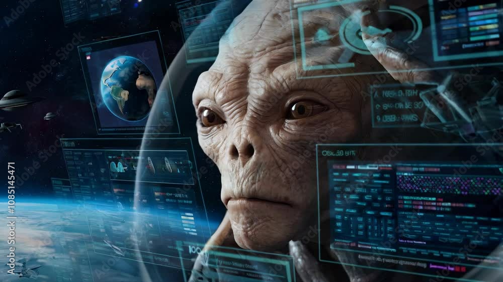 Poster a close-up of an alien observing earth with advanced technology in a space environment.