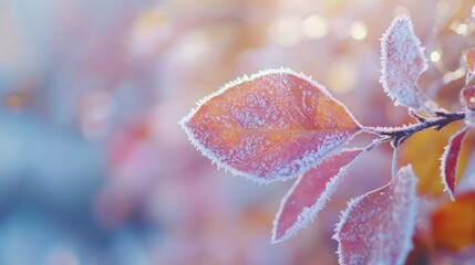 Delicate leaves adorned with frost sparkle in the soft morning light, creating a serene atmosphere in an autumn wonderland, where nature's artistry is revealed.