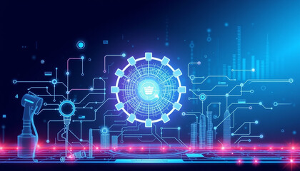Futuristic digital network concept, illustrated with blue circuit lines and glowing light