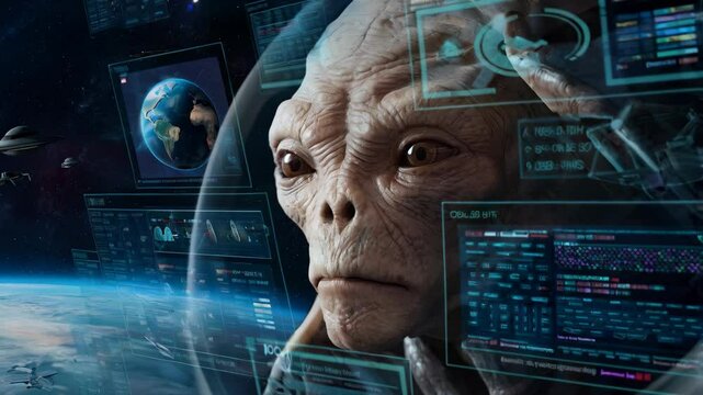 A close-up of an alien observing Earth with advanced technology in a space environment.