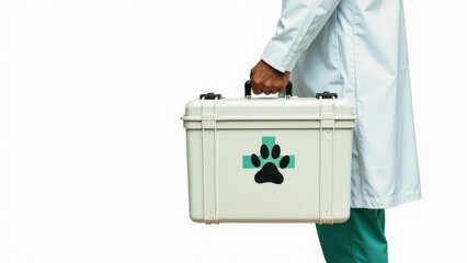 Veterinarian with medical plastic box/suitcase with green cross on white background. Place for text